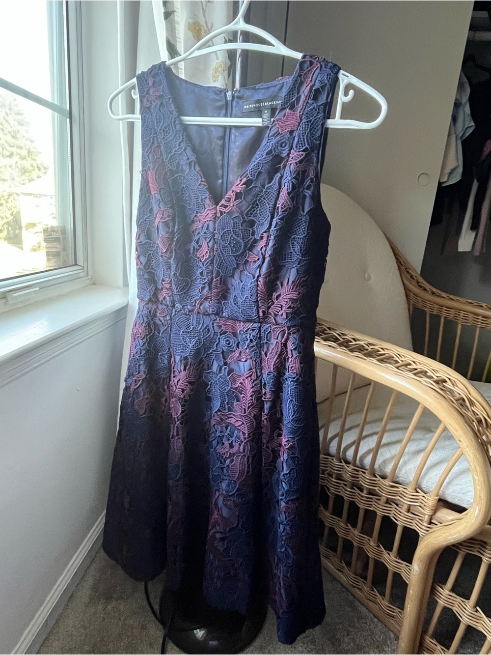 White House Black Market Navy and Purple Lace Fit-and-Flare Midi Dress